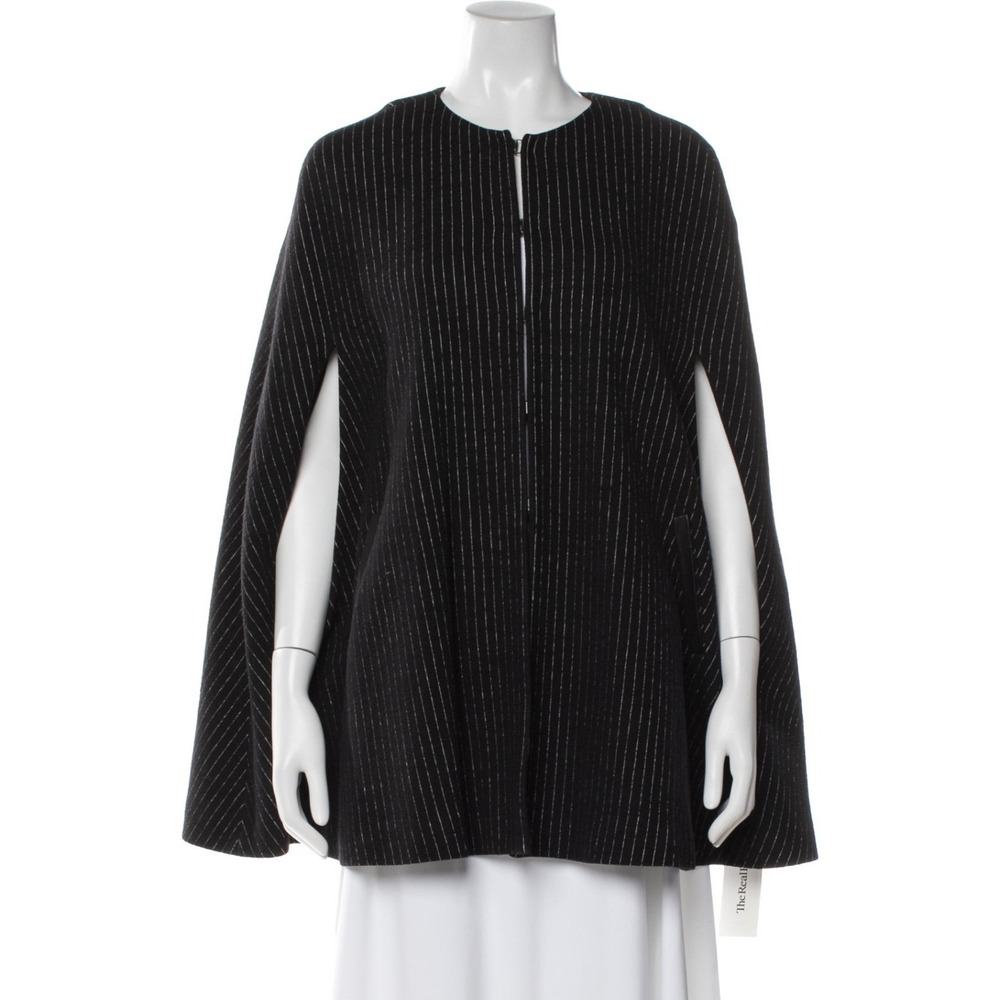Alice + Olivia Wool Blend Pinstripe Cape Jacket XS Black Leather Trim Lined